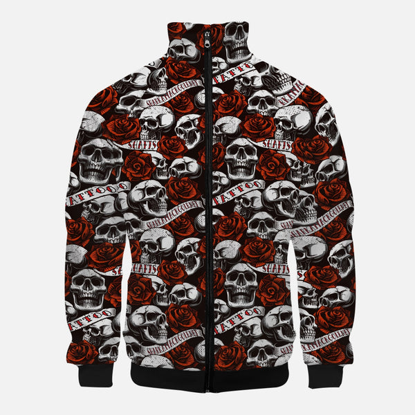 skull and roses tattoo Stand Collar Zipper-up Hoodie